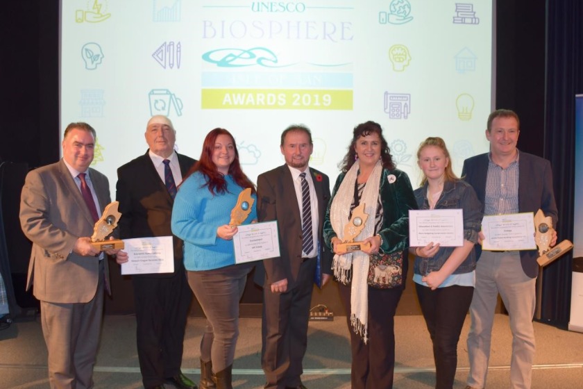 DEFA Minister Geoffery Boot MHK (centre) pictured with the UNESCO Biosphere Awards Winners 2019.