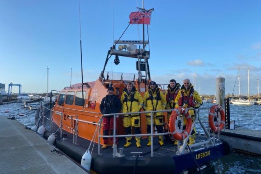 Peel crew members currently in Poole for training aboard a Shannon class lifeboat. Left to right:  RNLI trainer Bernie Mannings, Coxswain Jon Corlett, Coxswain Mike Faragher,  Station Mechanic Ciaran Cain, Coxswain Juan Owens.
