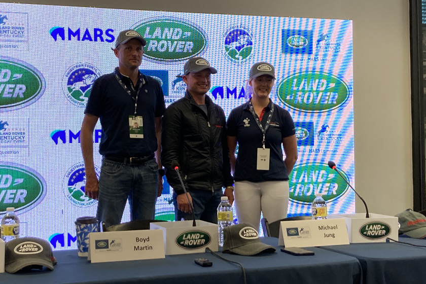 Boyd Martin, Michael Jung & Yasmin Ingham at the post Cross Country Press Conference